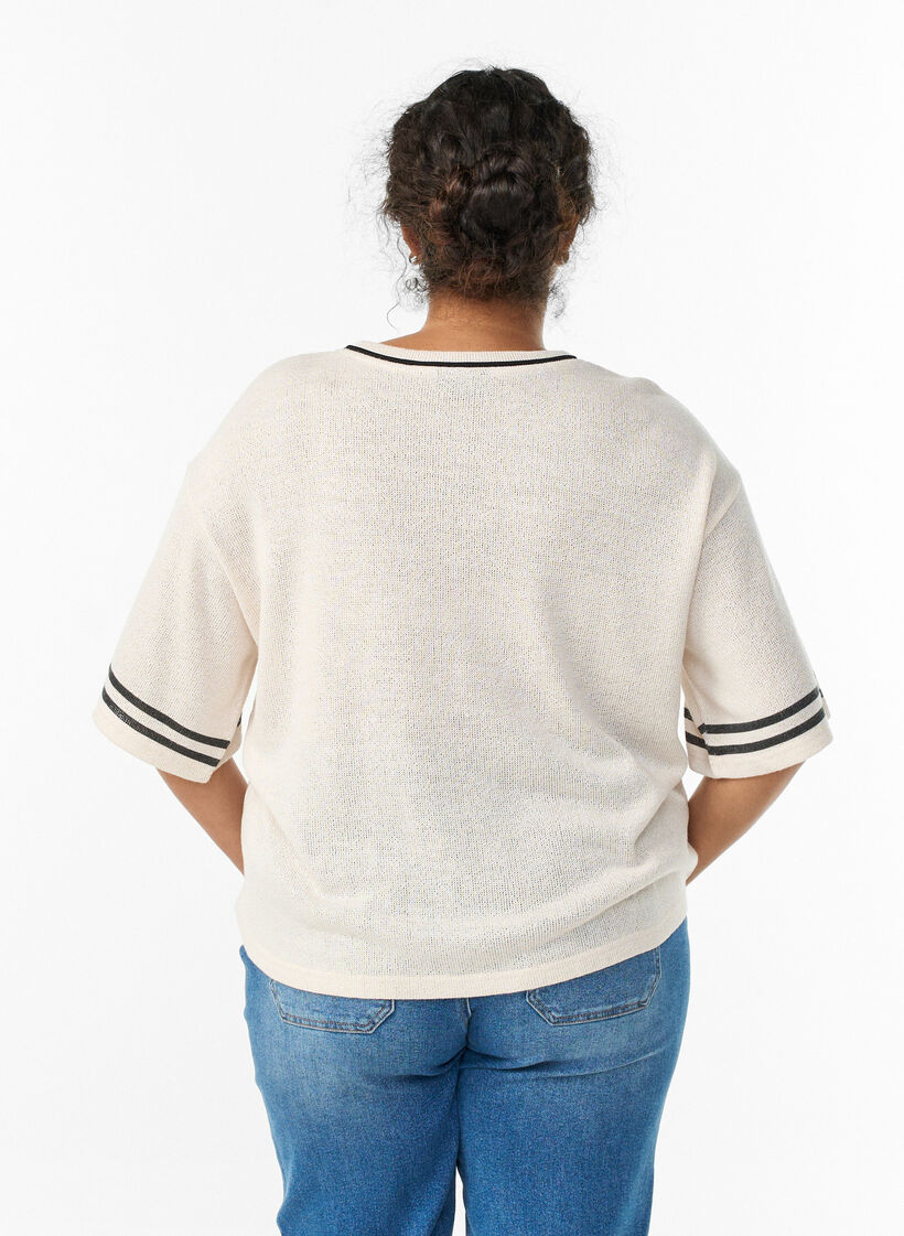 Blouse à manches courtes avec rayures contrastantes, Beige, Model image number 2