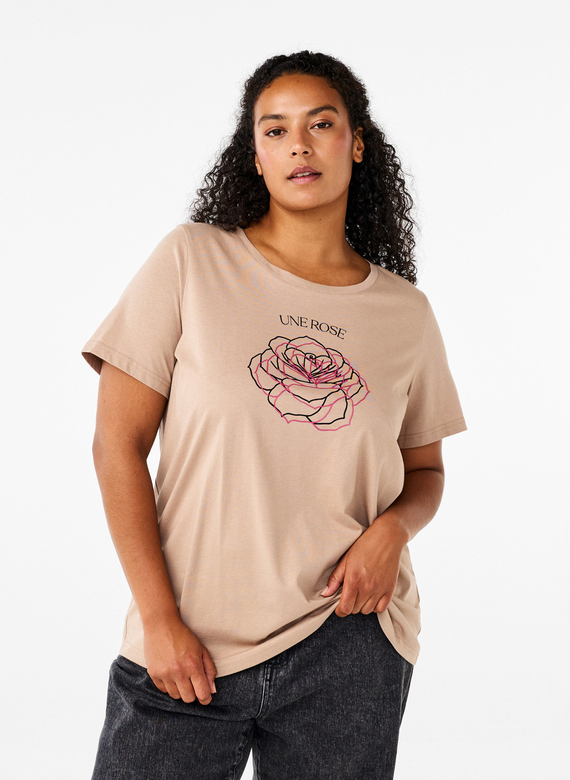 Zizzi T-shirt en coton avec impression, S. Mink w. Flower, Model image number 0