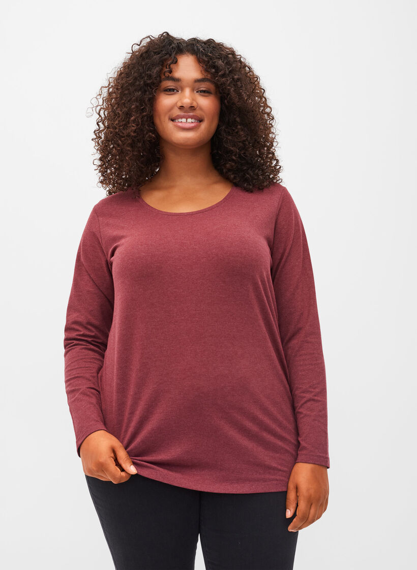Basic Bluse mit langen Ärmeln, Cabernet Melange, Model image number 0