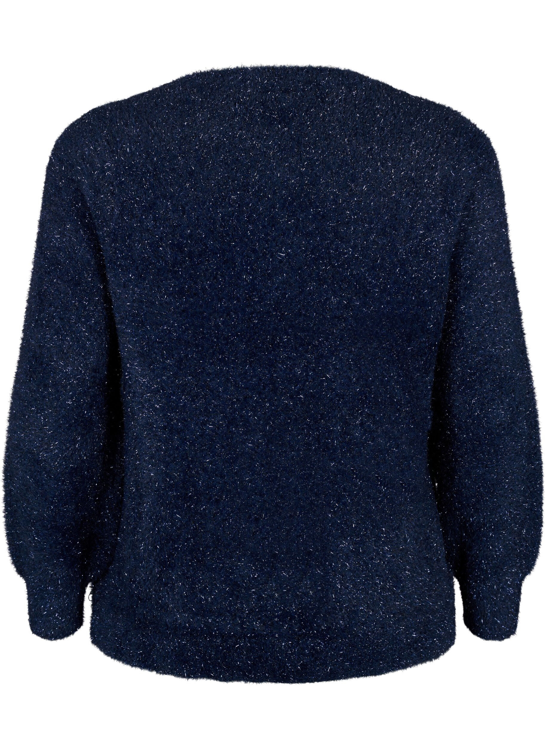 Zizzi  Strickbluse mit Glitzerfaden, Blau, Packshot image number 1