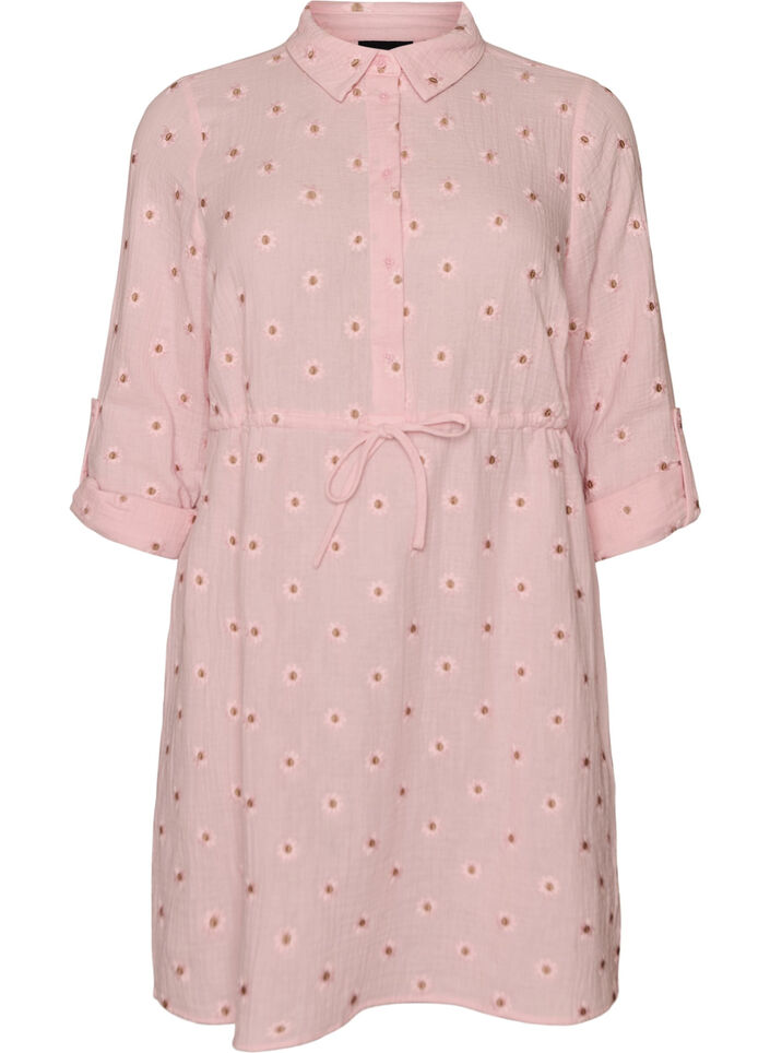 Robe chemise en mousseline de coton avec motifs brod&eacute;s, Rose, Packshot image number 0