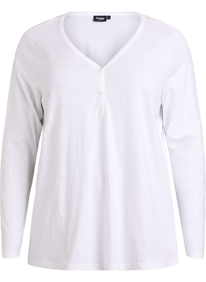 T-shirt &agrave; manches longues avec col V et boutons, Blanc, Packshot image number 0