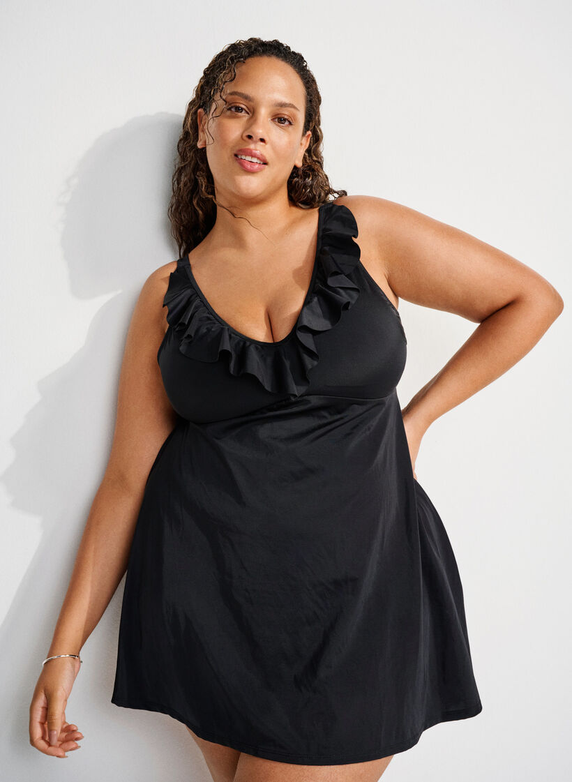 Maillot de bain avec volants et rembourrage amovible, Noir, Image image number 0