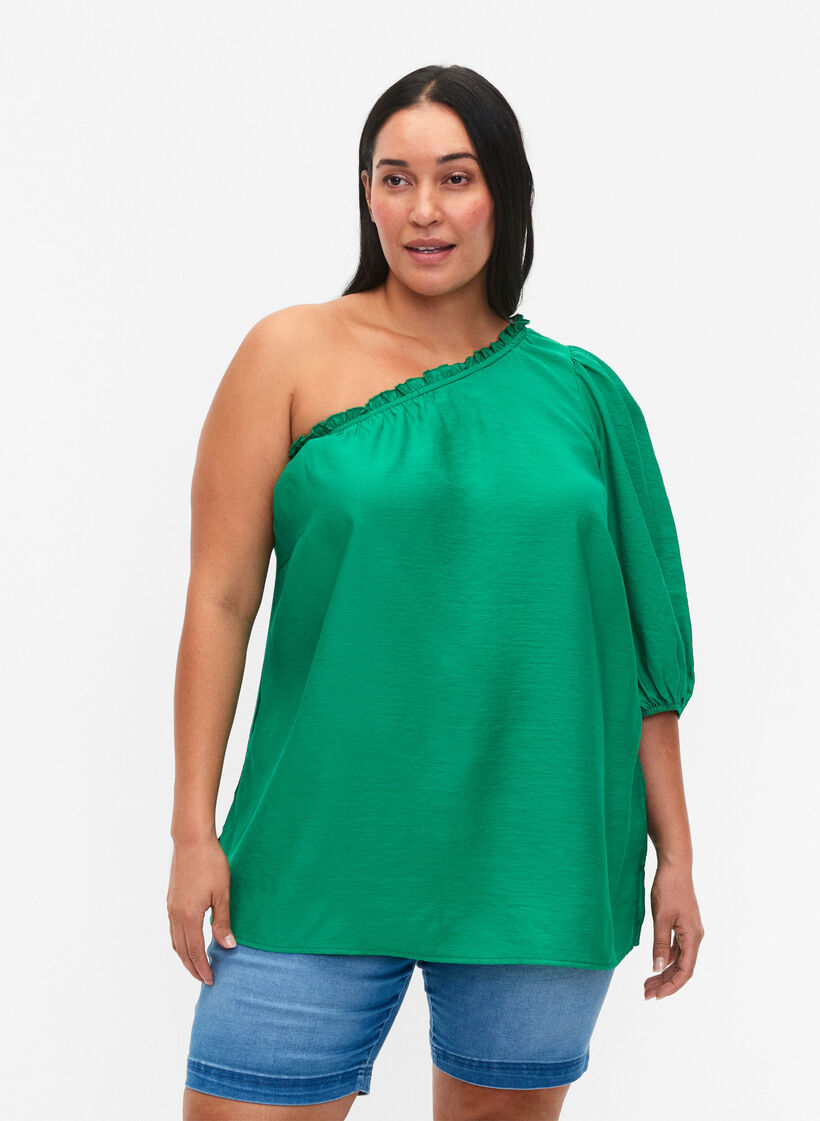 blouse à une épaule en viscose, Vert, Model image number 0