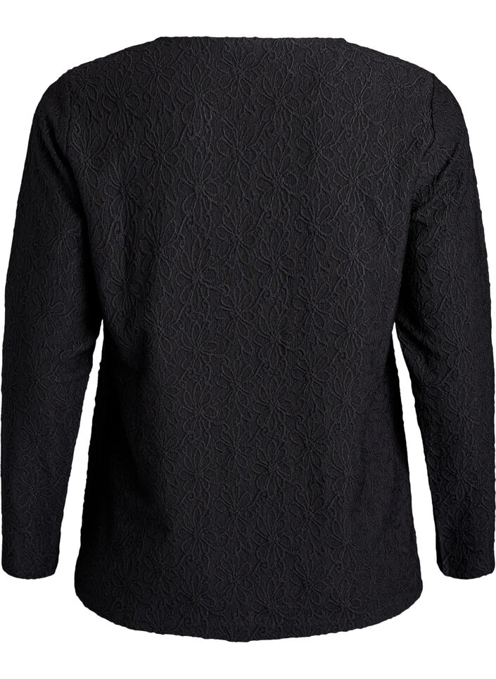 Langärmelige Bluse mit geblümter Struktur, Schwarz, Packshot image number 1