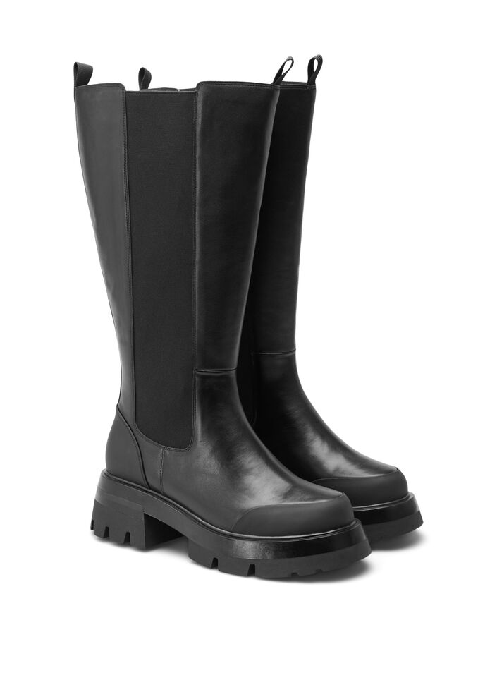 Bottes en cuir large avec un long tige et élastique, Black, Packshot image number 1