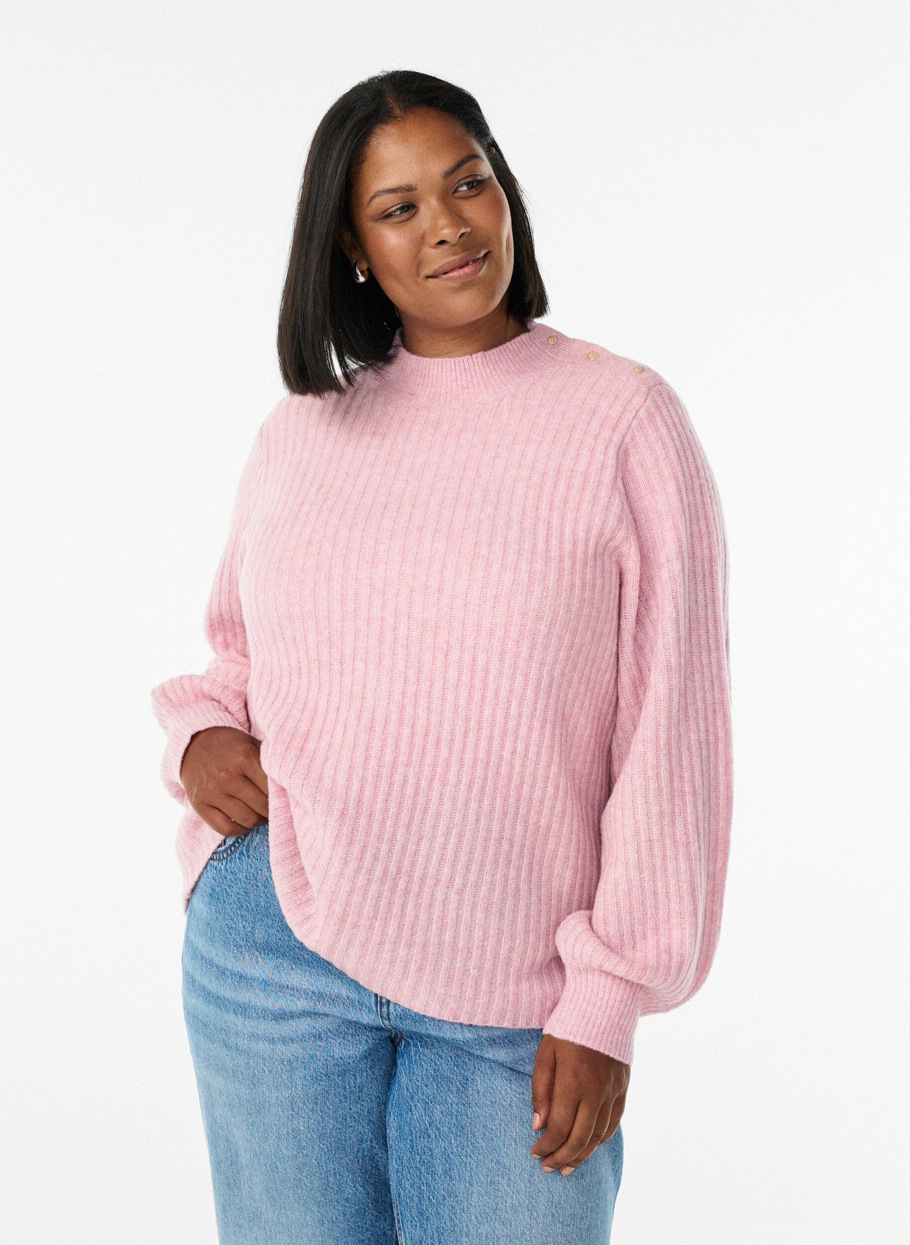 Pull c&ocirc;tel&eacute; &agrave; manches bouffantes et boutons, Rose poudr&eacute;e, Model