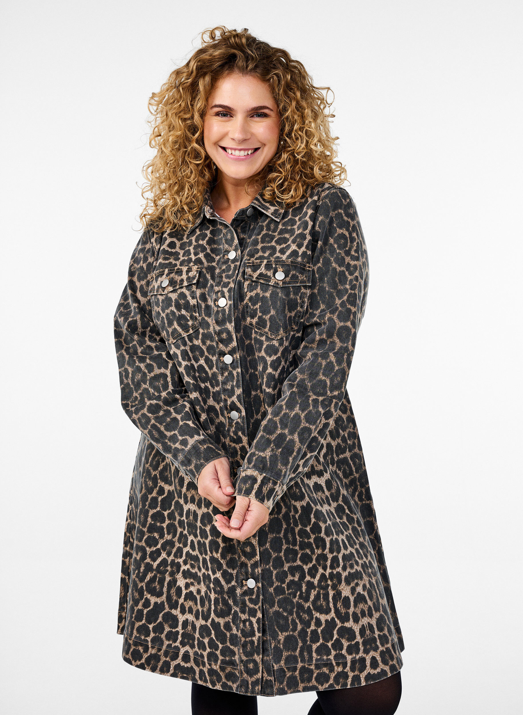 Robe en denim &agrave; manches longues avec imprim&eacute; l&eacute;opard, Marron, Model