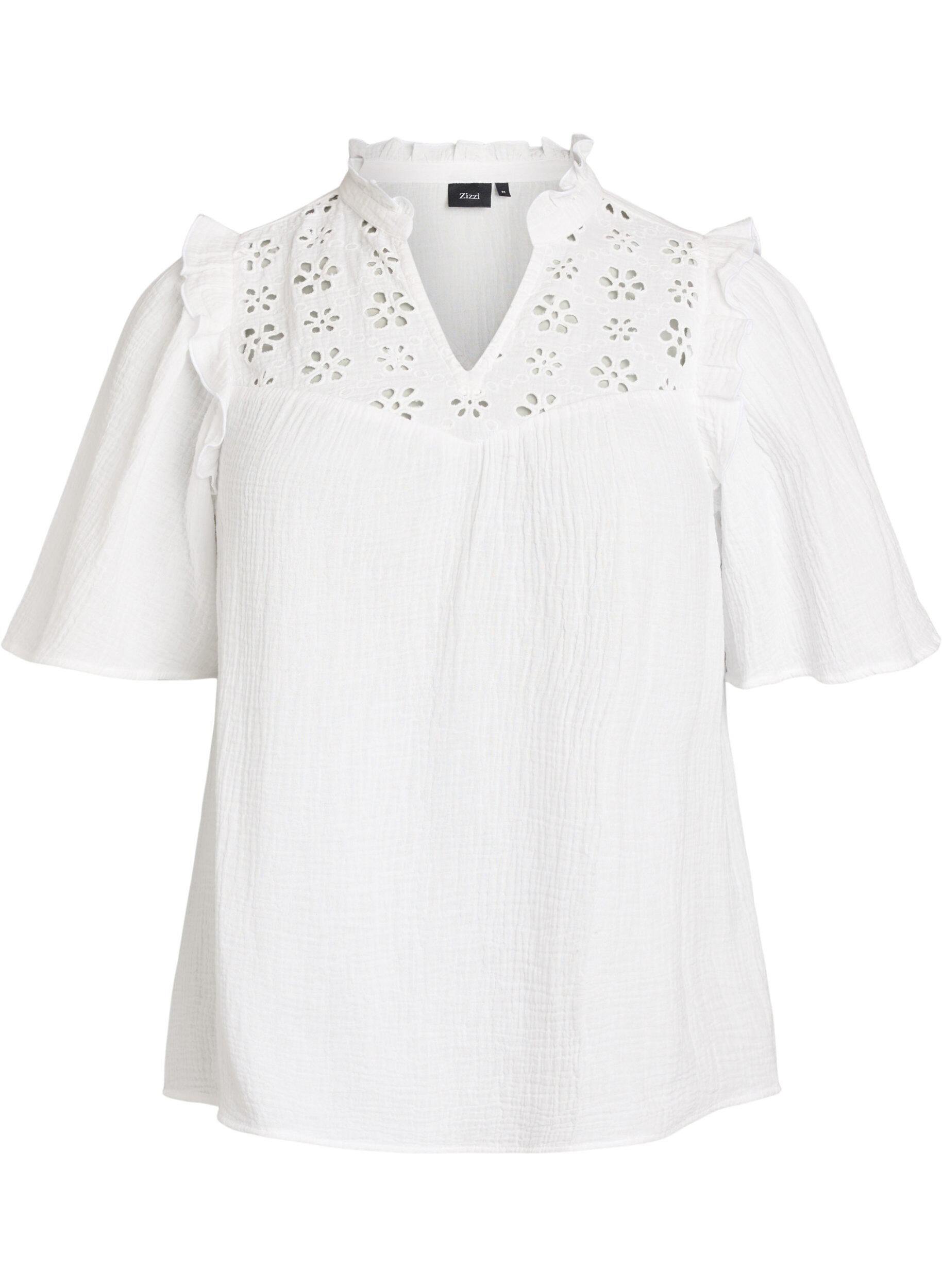 Zizzi Bluse aus Baumwoll-Musselin mit Broderie Anglaise und 1/2-&Auml;rmeln, Wei&szlig;, Packshot image number 0
