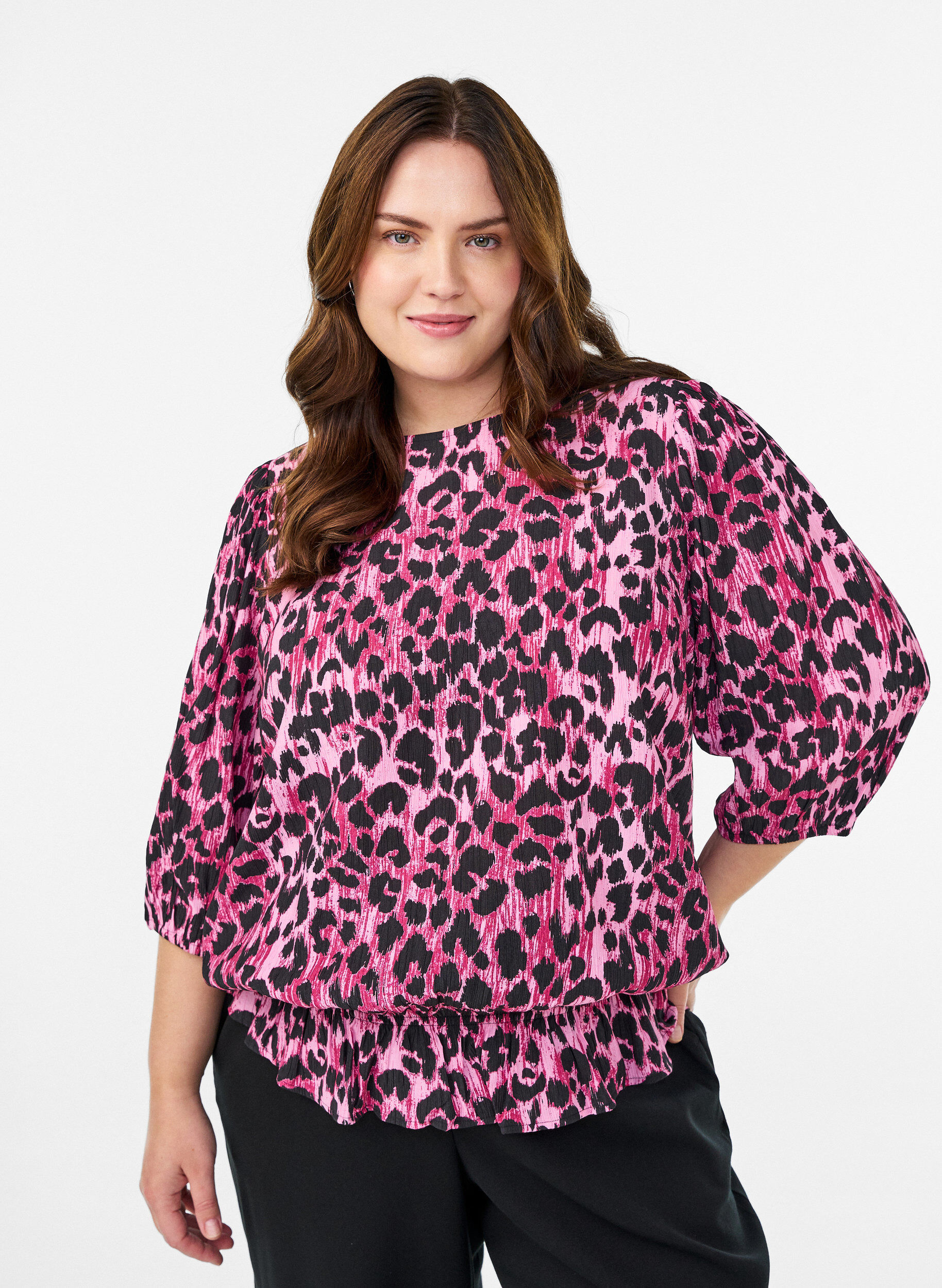 Zizzi Viskosebluse mit 3/4-&Auml;rmeln und Balloneffekt, Pink, Model image number 0