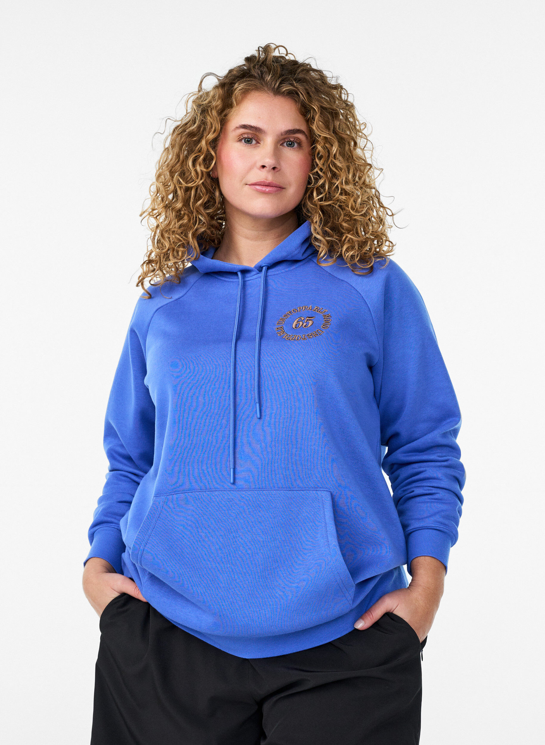 Hoodie mit gesticktem Frontmotiv, Blau, Model