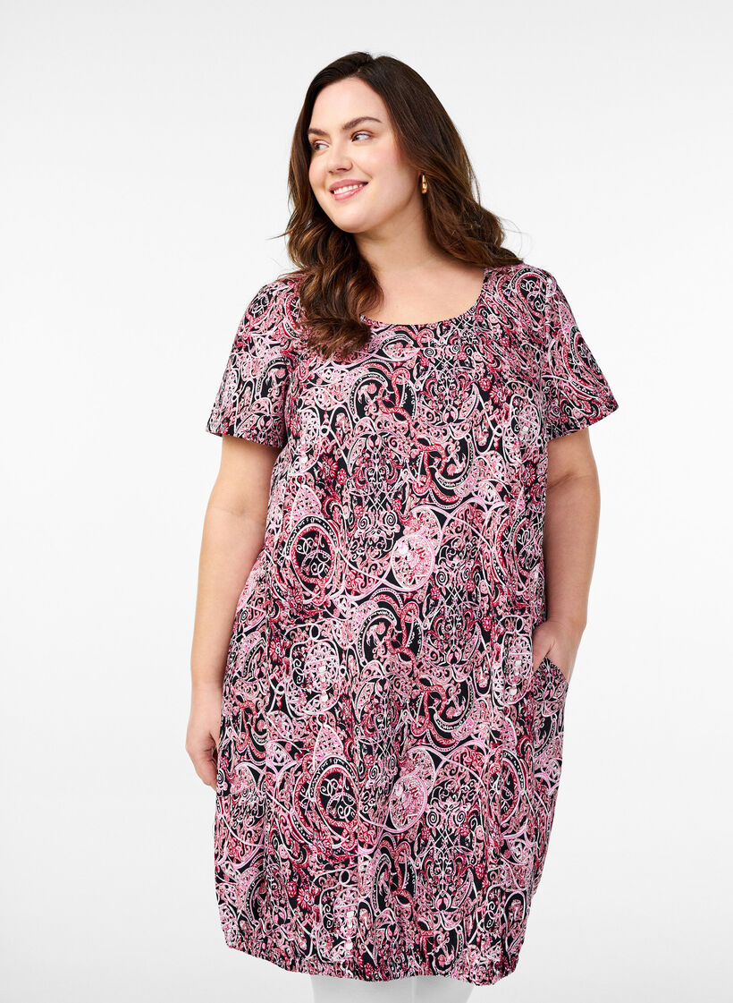 Kurz&auml;rmliges Baumwollkleid mit Aufdruck, Schwarz, Model image number 0