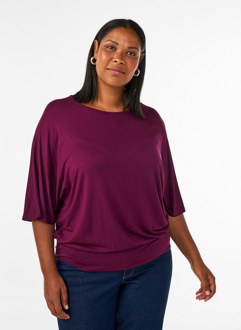 Blouse en jersey avec des manches ballon au coude, Violet, Model image number 0