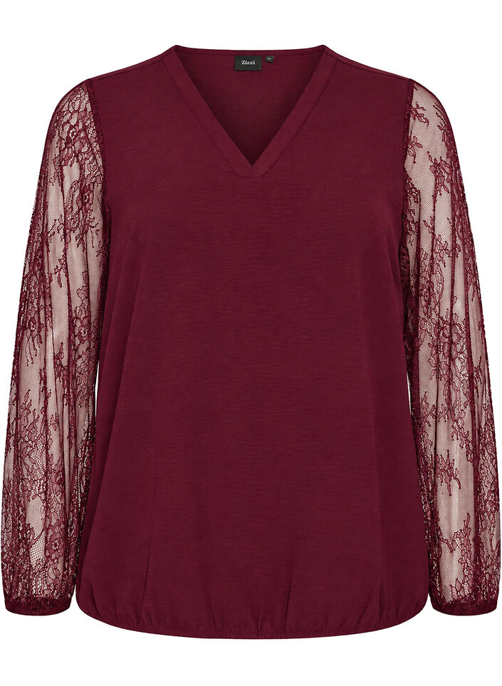Bluse mit &Auml;rmeln aus Spitze und Ballonform, Rot, Packshot image number 0