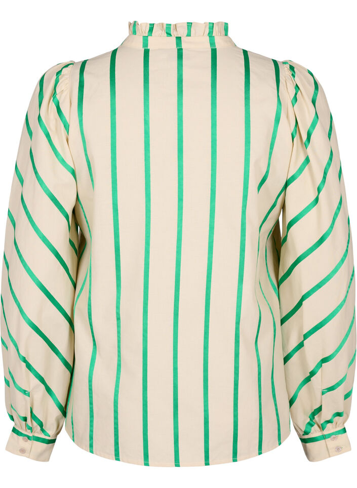 Gestreifte Hemdbluse aus Baumwolle mit Rüschenkragen, Beige Green Stripe, Packshot image number 1
