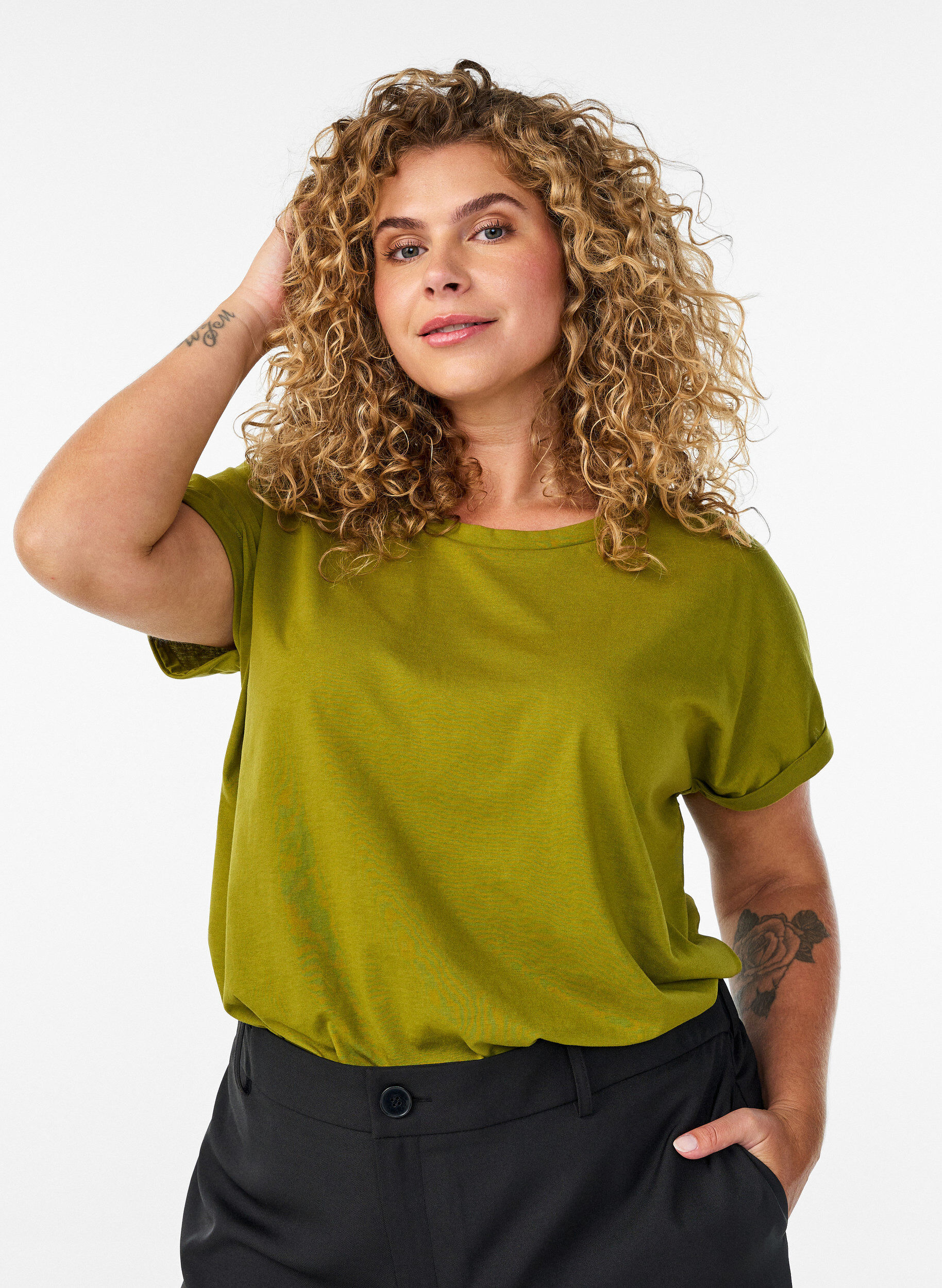 T-shirt &agrave; manches courtes en coton m&eacute;lang&eacute;, Vert, Model
