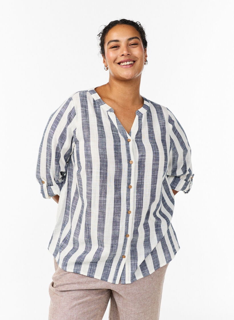 Hemdbluse aus Baumwolle mit V-Ausschnitt, Blau, Model image number 0