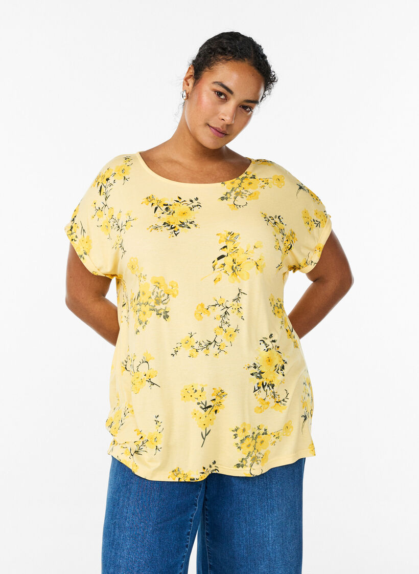 T-shirt avec imprim&eacute; floral, Jaune clair, Model image number 0
