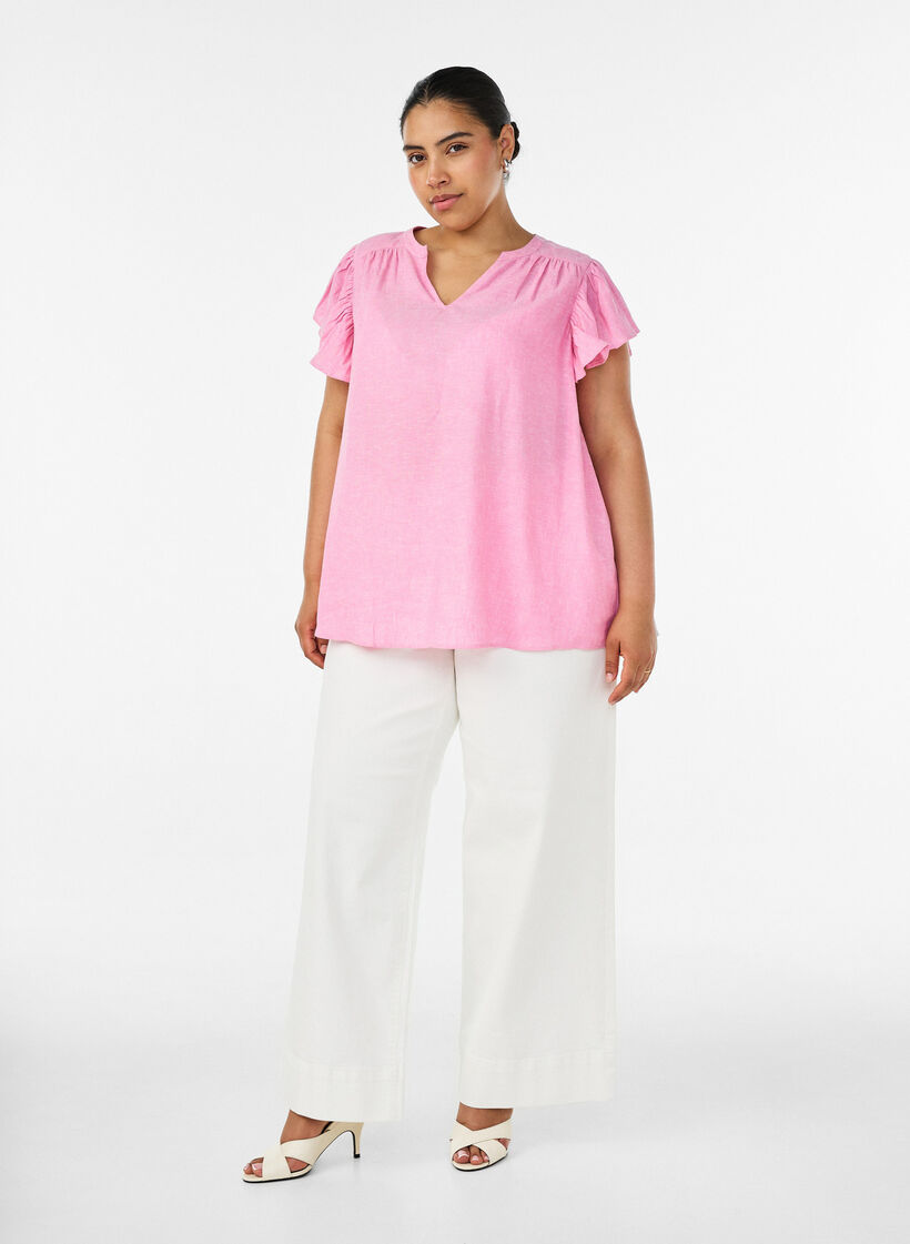 Bluse aus Viskose und Leinen mit R&uuml;schen&auml;rmeln, Pink, Model image number 1
