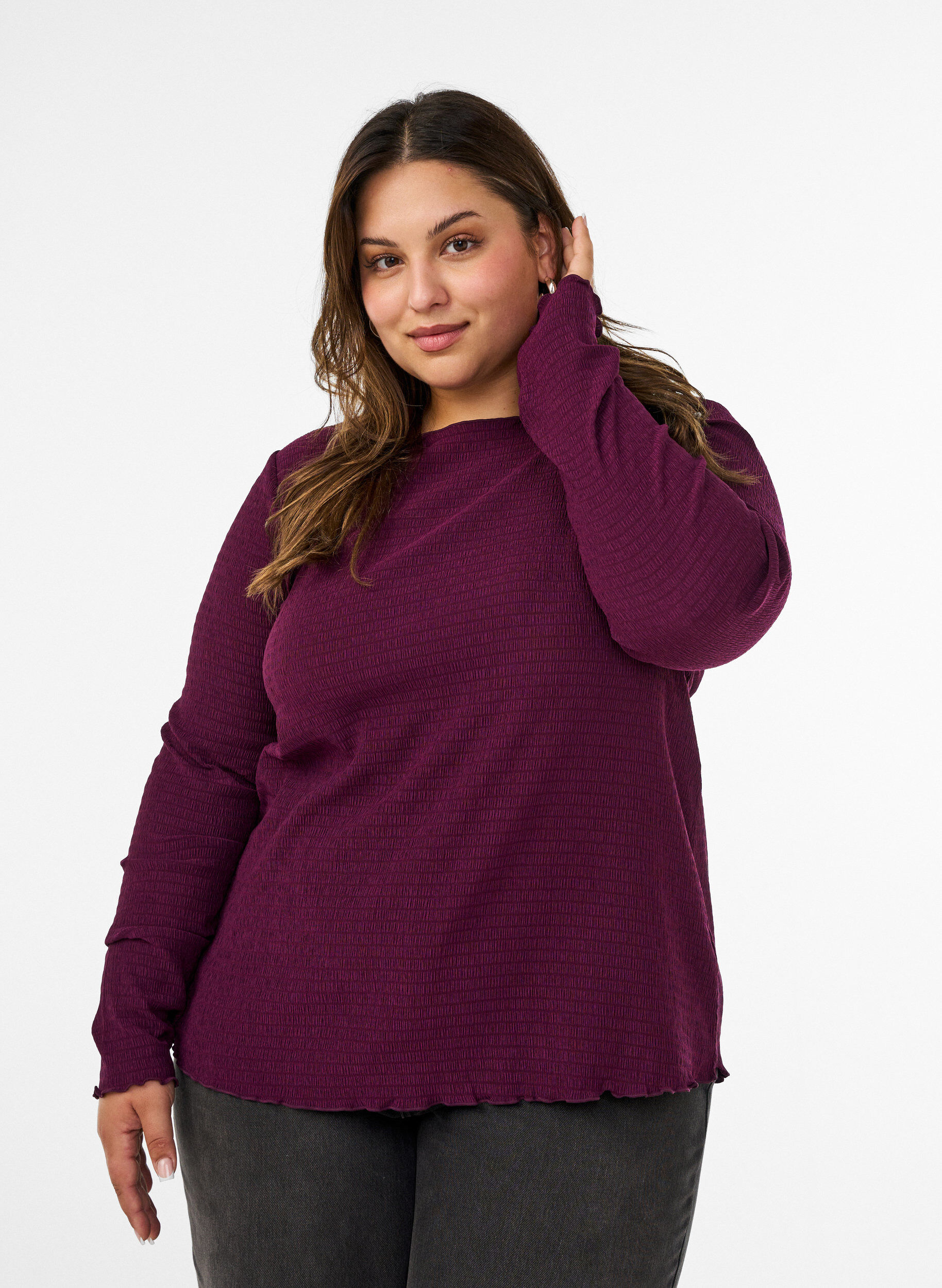 ZizziBlouse textur&eacute;e avec bords ondul&eacute;s, Violet, Model image number 0