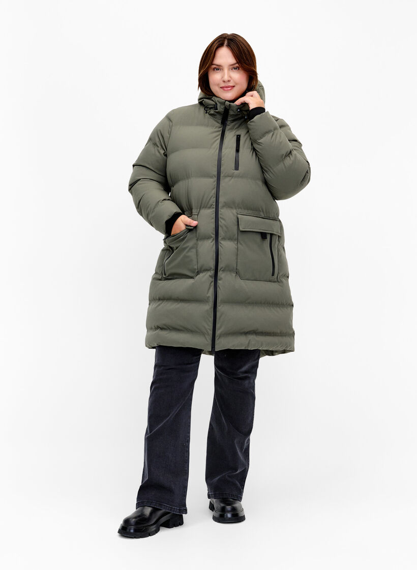 Puffermantel mit Kapuze und Taschen, Gr&uuml;n, Model image number 1