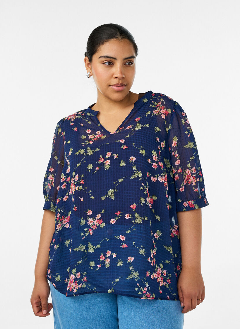 Blouse &agrave; imprim&eacute; floral et col V, Bleu, Model image number 0