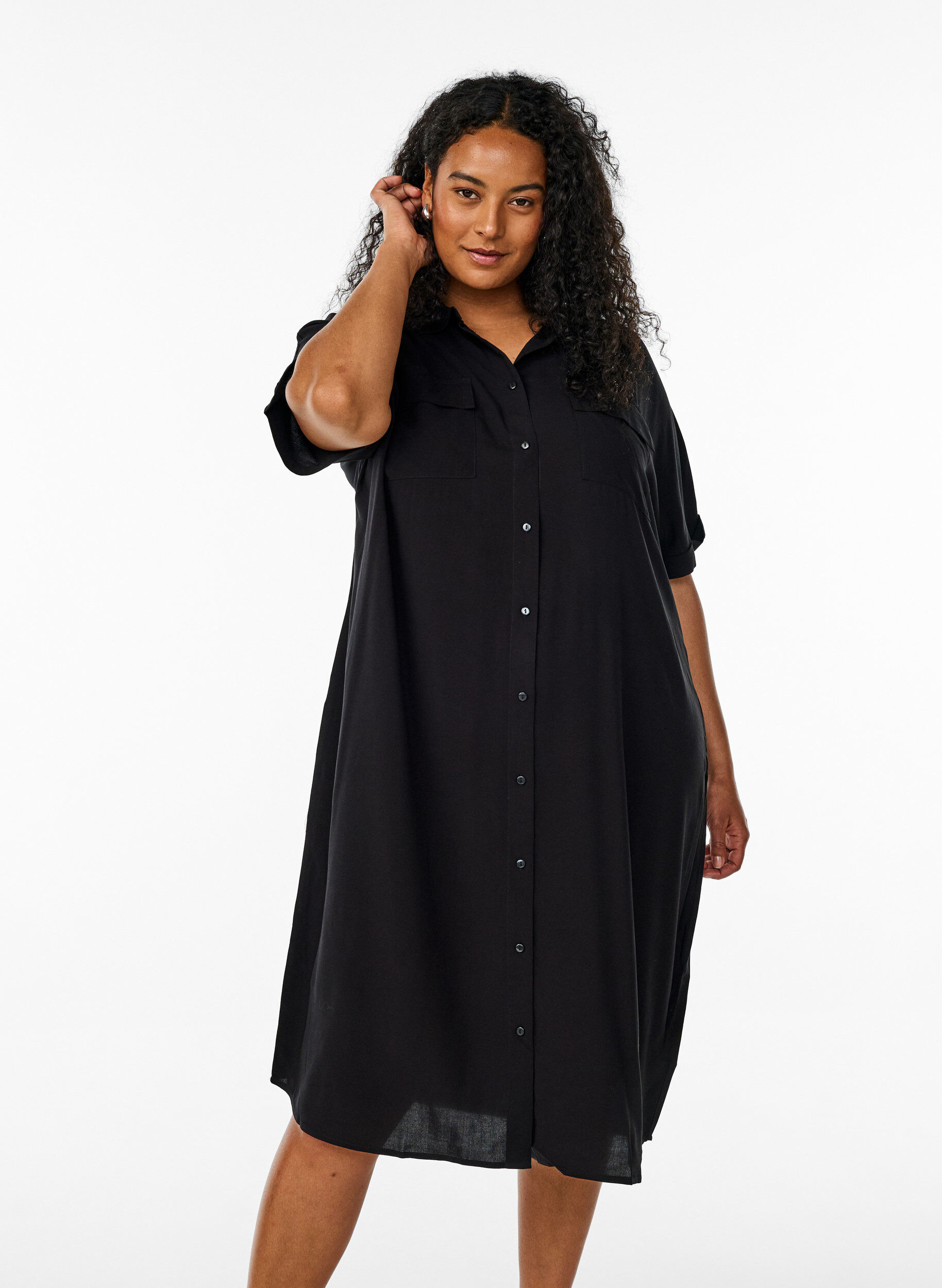 Zizzi FLASH - Langes Hemdkleid mit kurzen &Auml;rmeln, Schwarz, Model image number 0