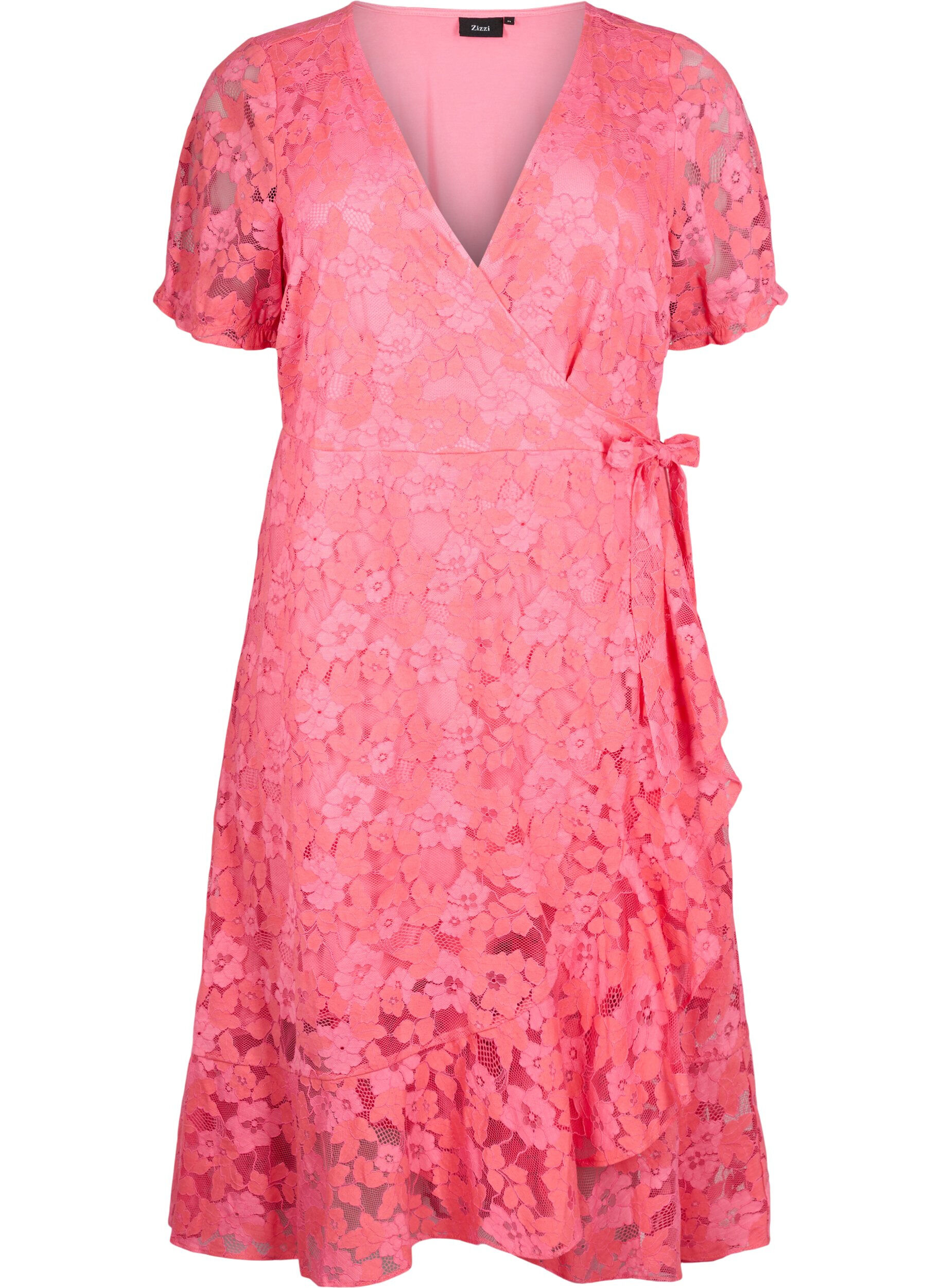 Zizzi Robe cache-c&oelig;ur avec dentelle et manches courtes, Pink Carnation, Packshot image number 0