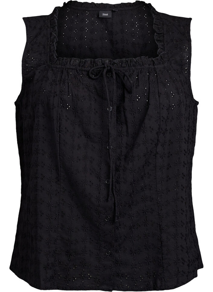 &Auml;rmellose Bluse mit Lochstickerei und R&uuml;schen, Schwarz, Packshot image number 0