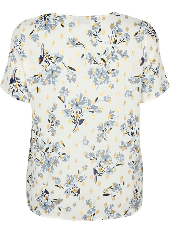 Bluse mit Druck und Lurex, White Flower/Gold, Packshot image number 1