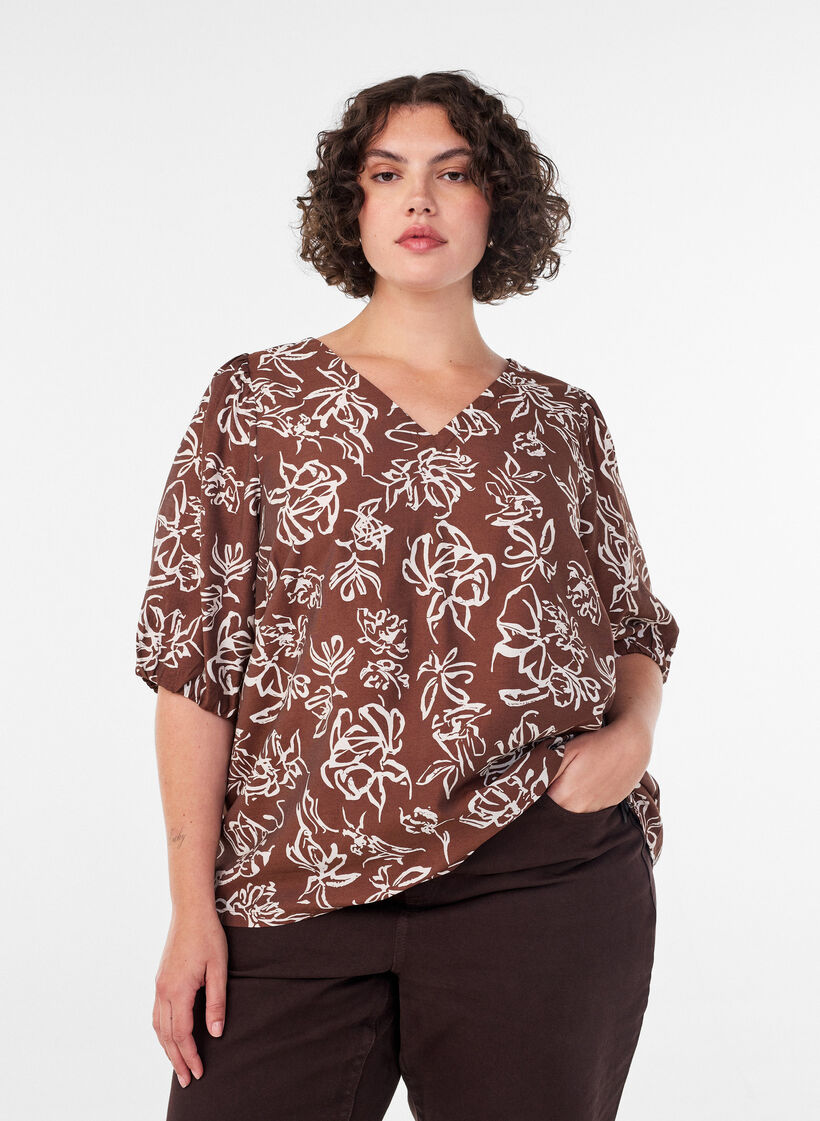 Blouse en viscose avec col en V, Marron, Image image number 0