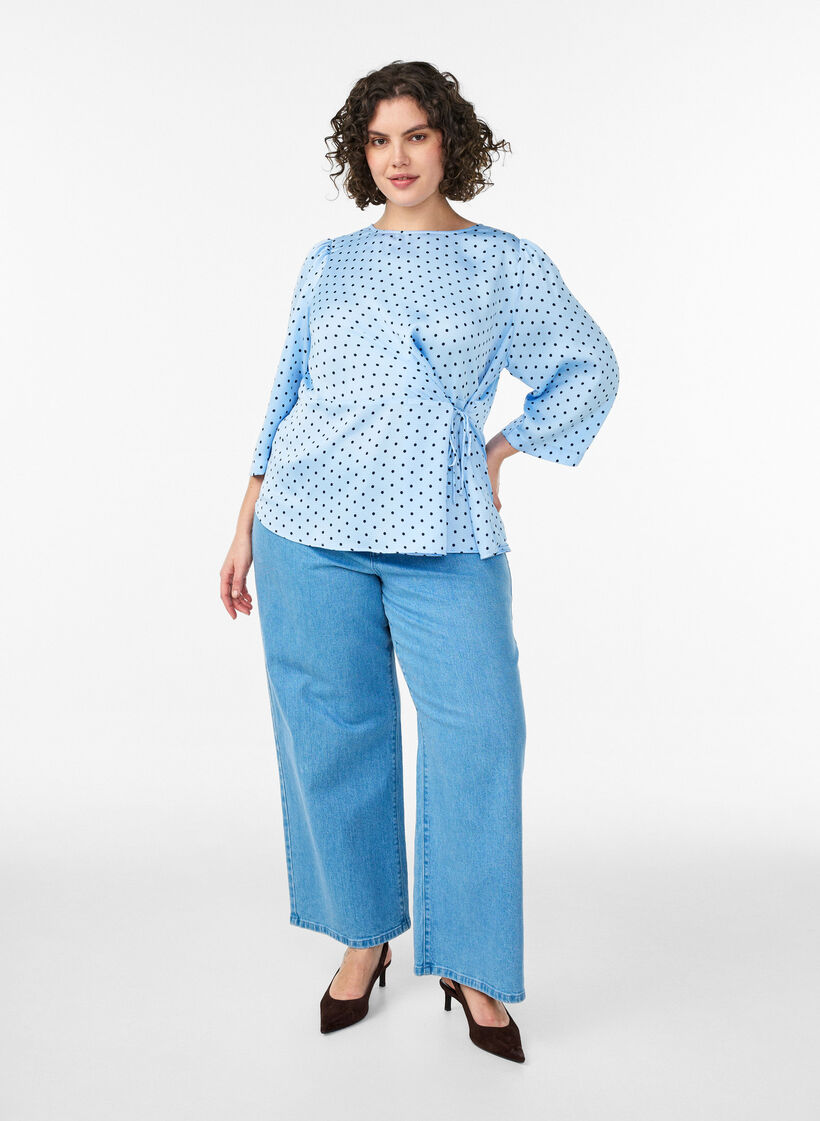 Gepunktete Bluse mit Bindeband und 3/4-&Auml;rmeln, Blau, Model image number 1