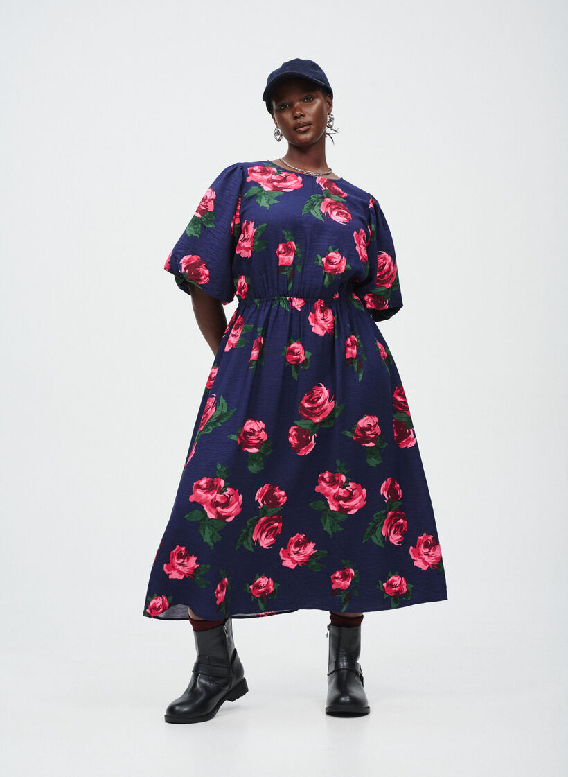 Robe midi &agrave; imprim&eacute; roses et manches courtes bouffantes, Bleu, Image image number 0