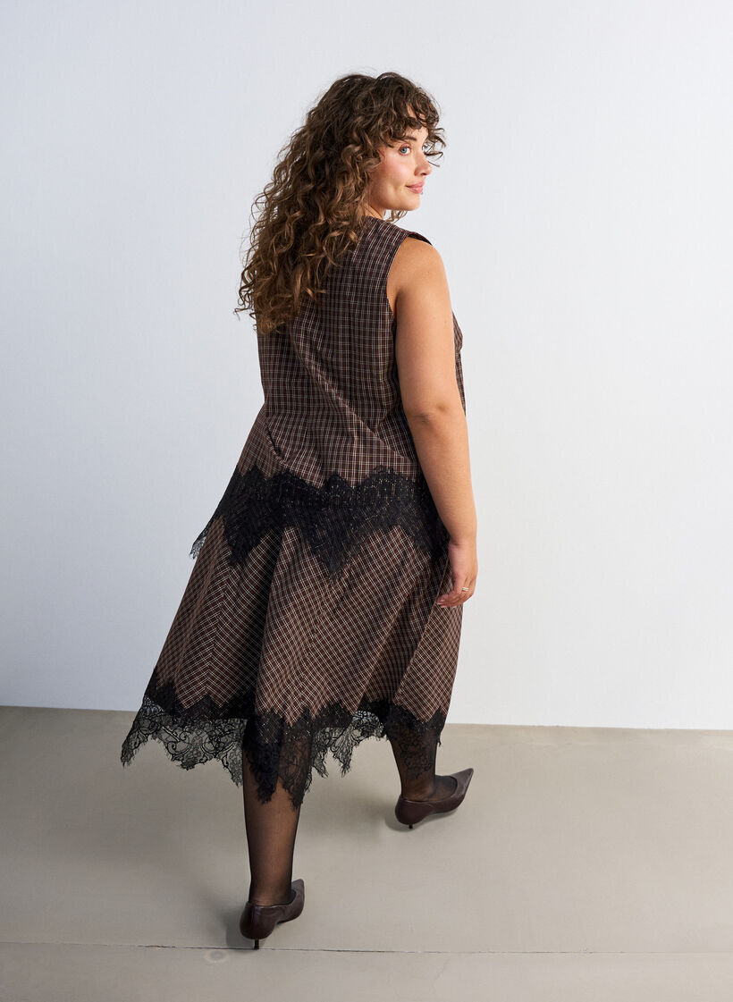 Jupe midi &agrave; carreaux avec bordure en dentelle, Marron, Model image number 1