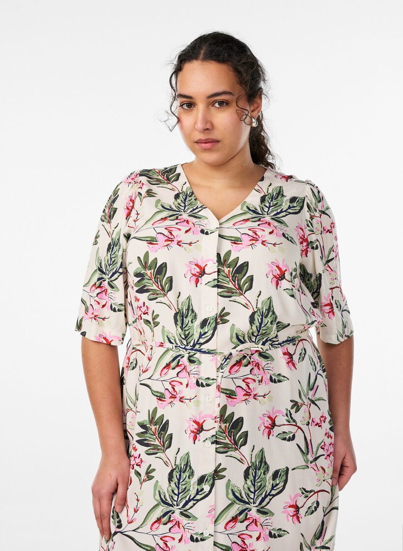 Robe midi imprim&eacute;e &agrave; ceinture &agrave; nouer, Vanille, Model image number 2