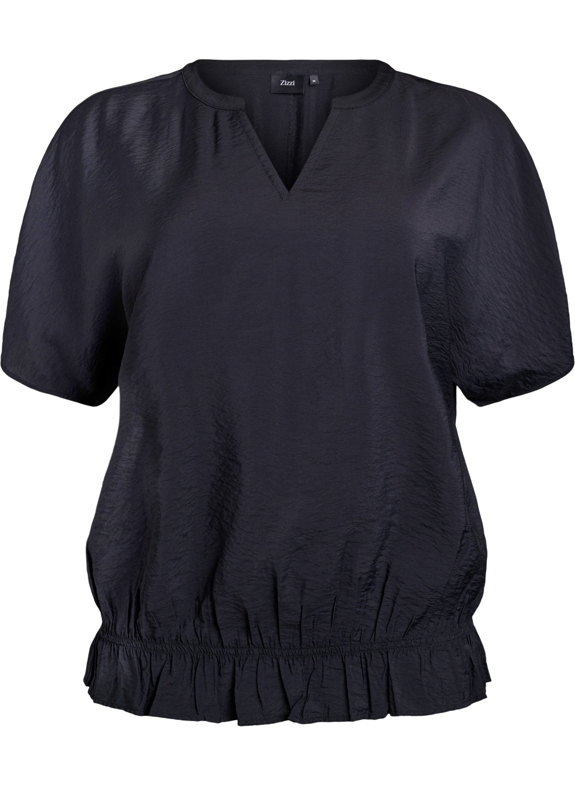 Zizzi Bluse mit kurzen &Auml;rmeln und einem ger&uuml;schten Saum, Schwarz, Packshot image number 0