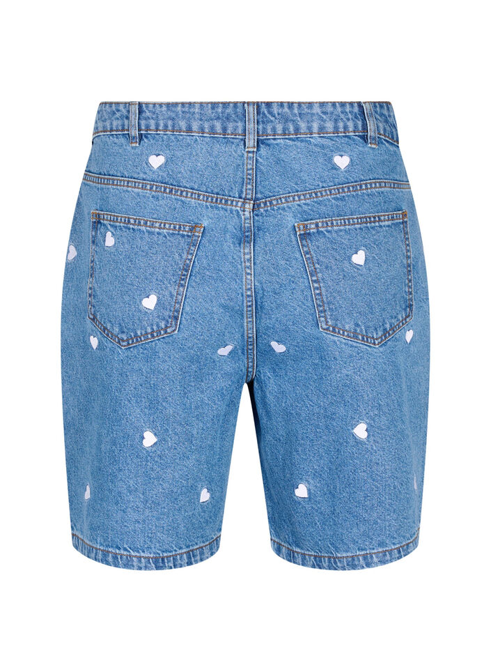 Shorts en jean taille haute ornés de cœurs brodés, Bleu Clair, Packshot image number 1