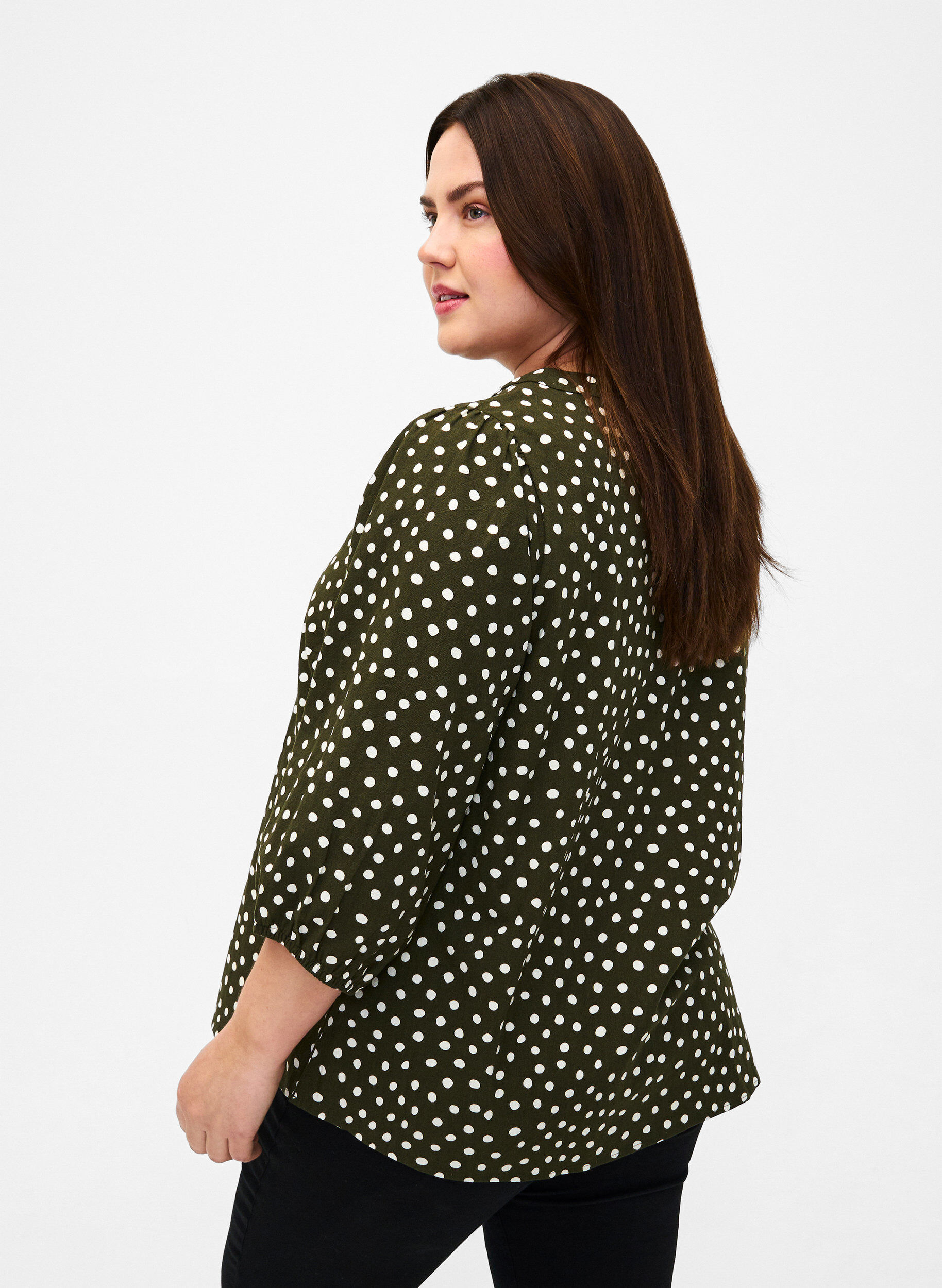 Zizzi  Baumwollbluse mit 3/4-&Auml;rmeln und Punkten, Forest Night Dot, Model image number 1