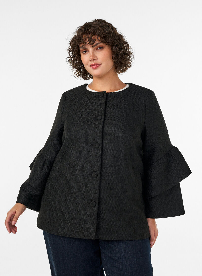 Boucl&eacute;-Jacke mit R&uuml;schendetails, Schwarz, Model image number 3