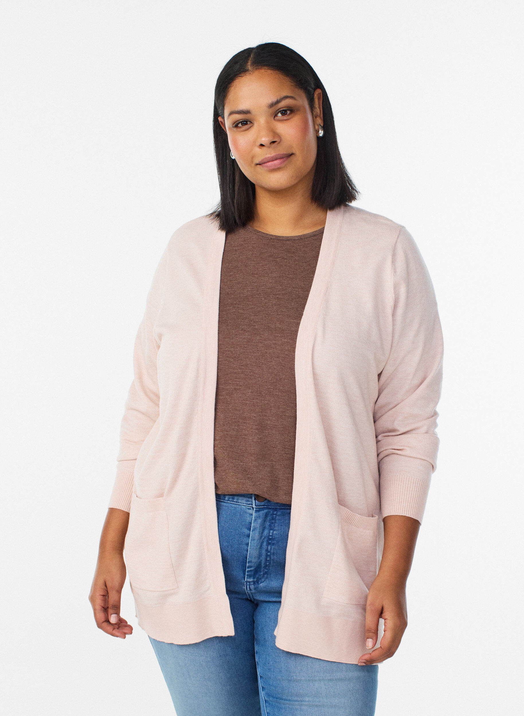 Zizzi Cardigan long en maille ouvert avec poches, Rose, Model image number 0