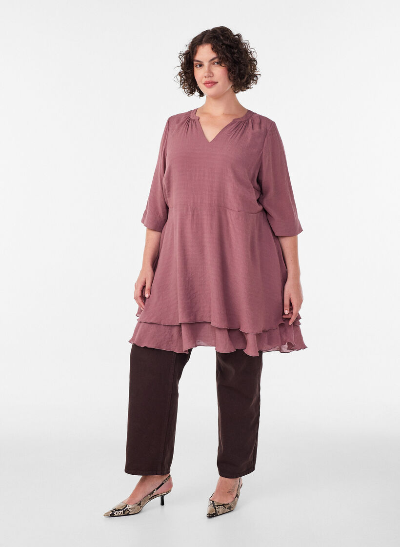 Robe coupe &eacute;vas&eacute;e avec volants &eacute;tag&eacute;s, Rose, Model image number 1