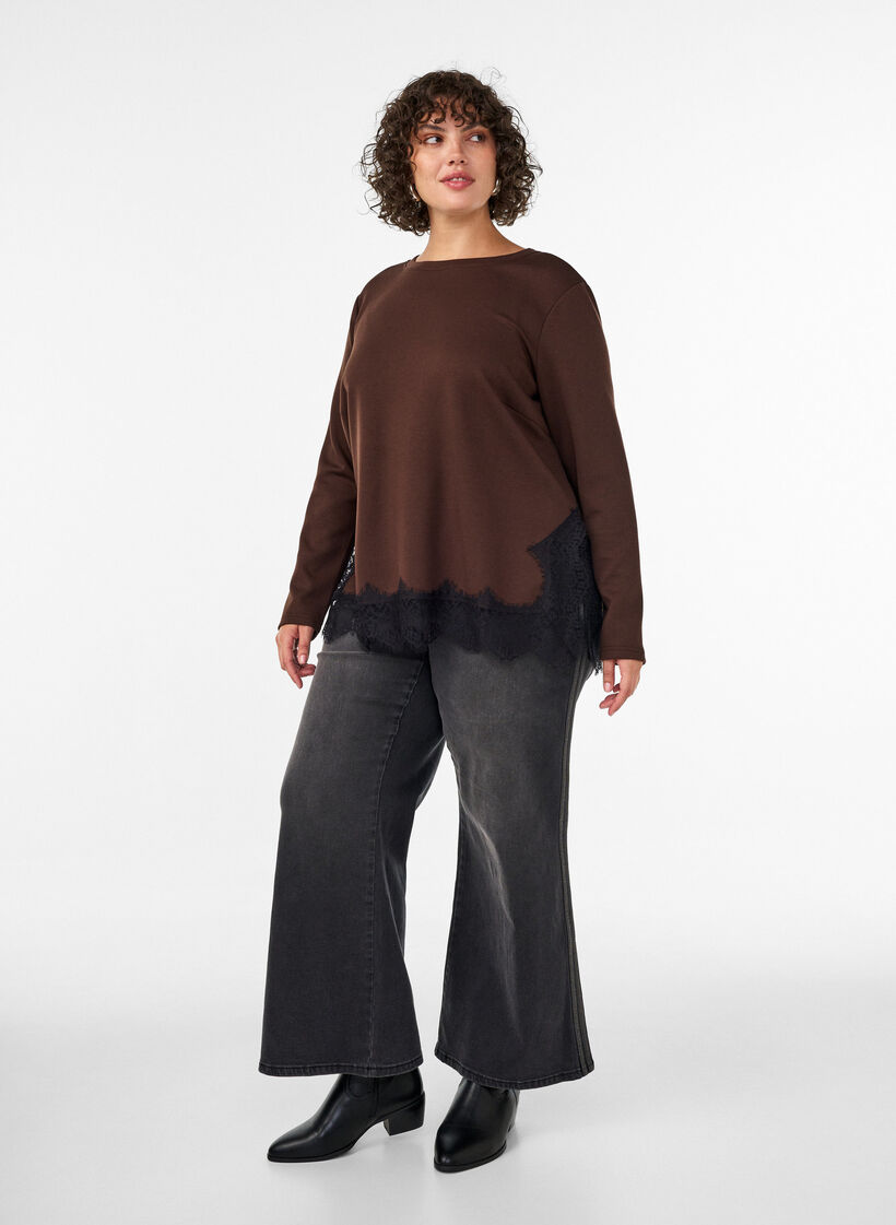 Bluse aus Jersey mit Spitzen, Braun, Model image number 1