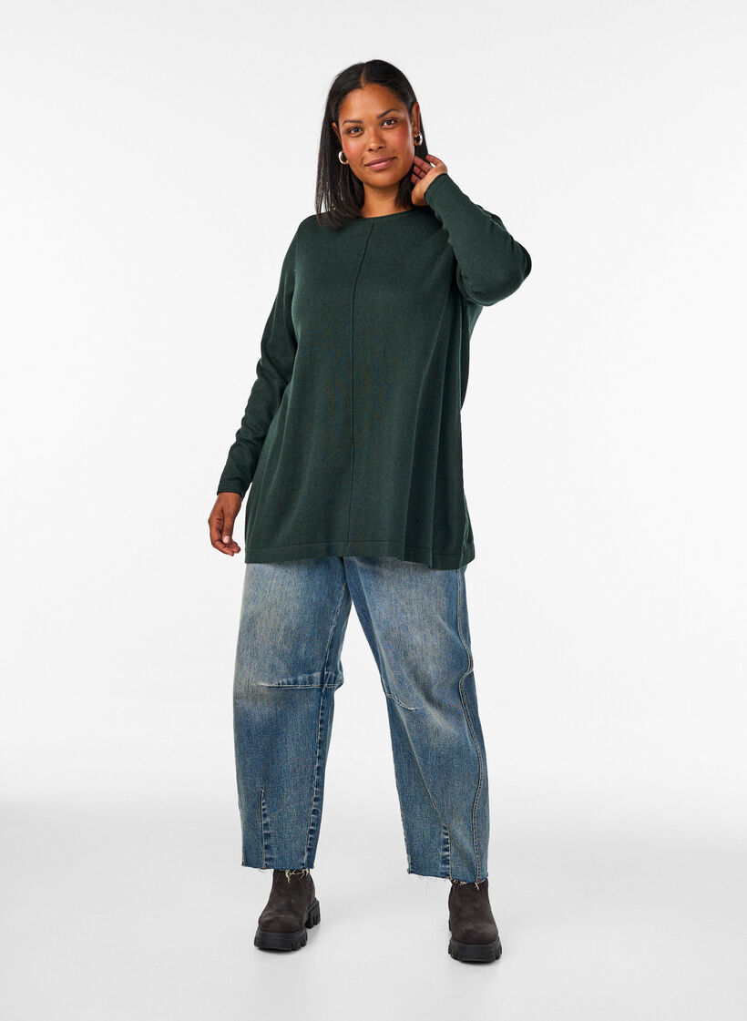 Blouse tricot&eacute;e en m&eacute;lange coton-viscose, Vert fonc&eacute;, Model image number 1