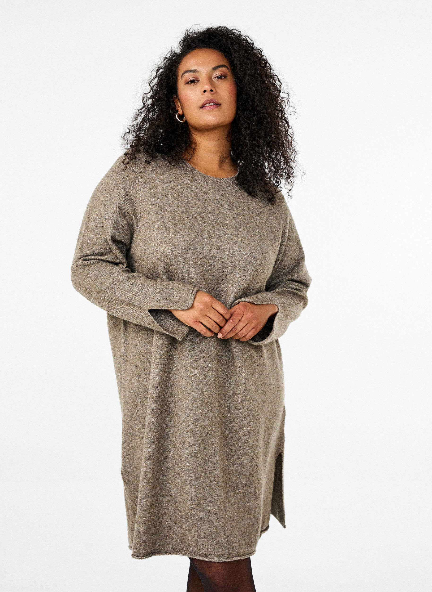Zizzi Strickkleid mit Schlitzen, Walnut Mel., Model image number 0