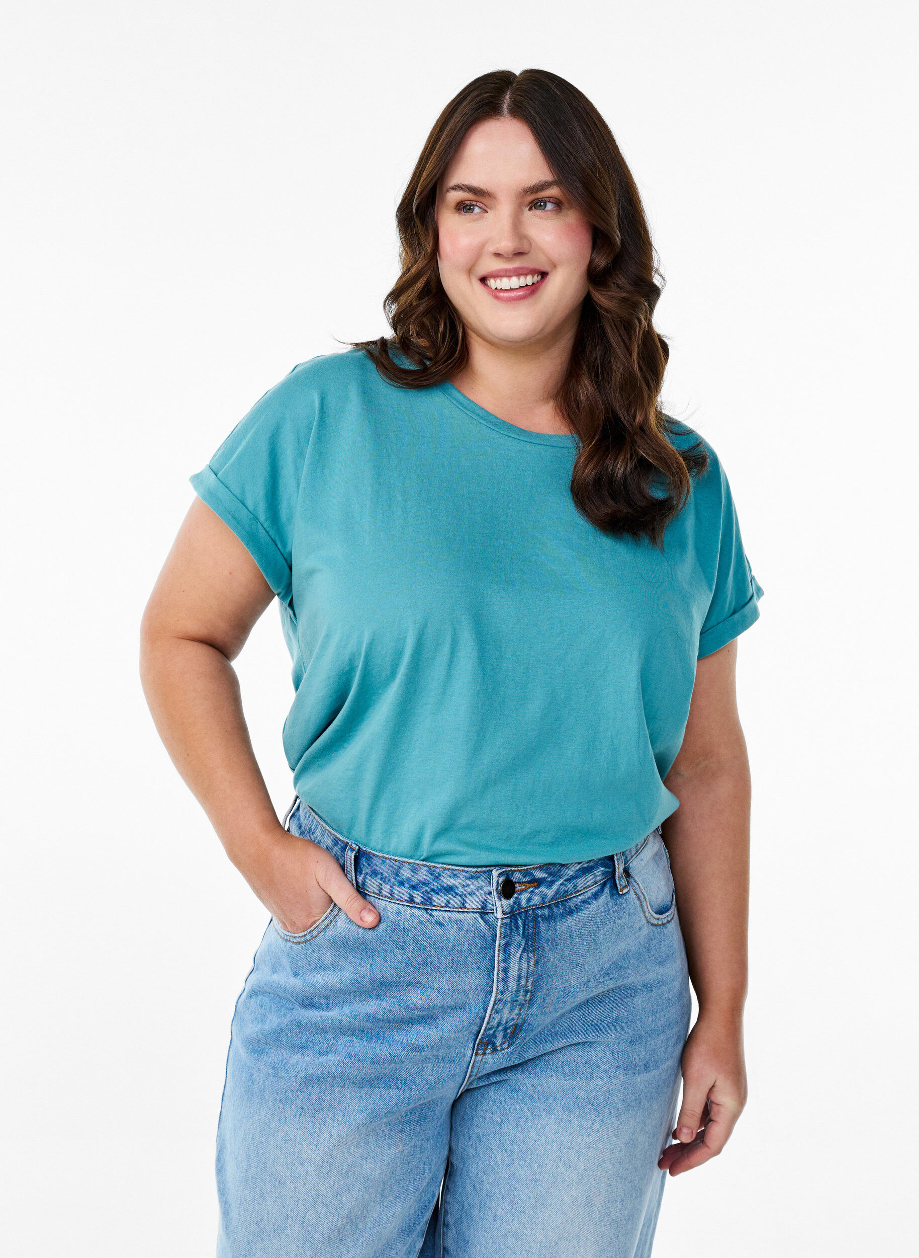 T-shirt &agrave; manches courtes en m&eacute;lange de coton, Bleu, Model