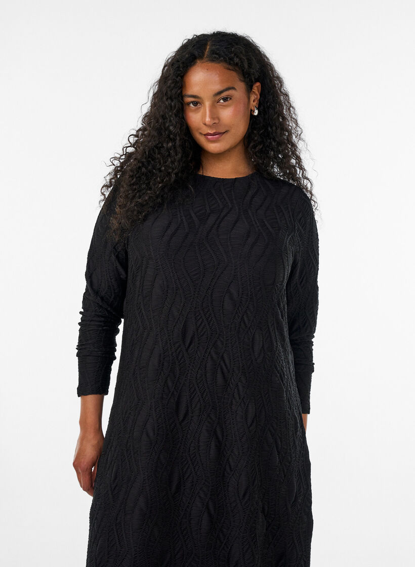 Midikleid mit gewellter Struktur und langen &Auml;rmeln, Schwarz, Model image number 2
