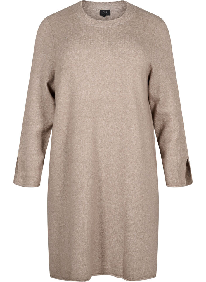 Strickkleid mit Rundhalsausschnitt und Schlitz, Desert Taupe Mel., Packshot image number 0