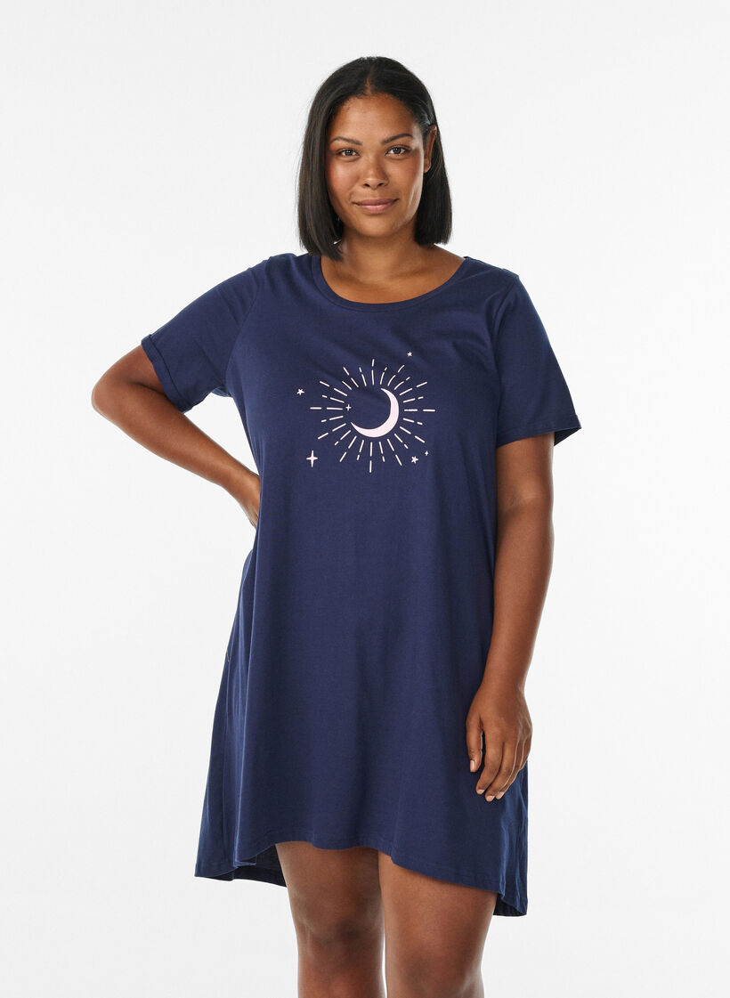 Chemise de nuit &agrave; manches courtes en coton biologique, Bleu, Model image number 0