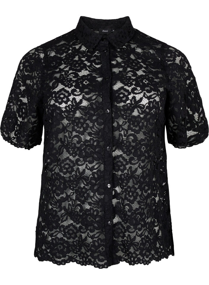 Chemise en dentelle à manches courtes, Black, Packshot image number 0