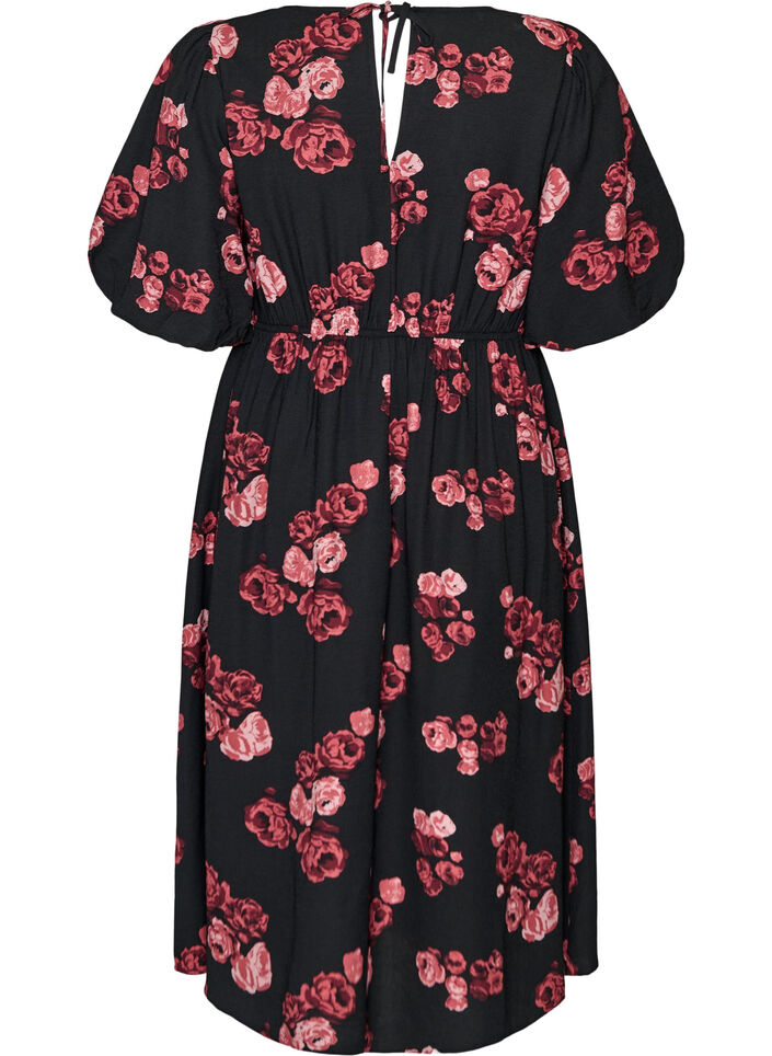 Midikleid mit Rosenprint und kurzen Ballon&auml;rmeln, Schwarz, Packshot image number 1